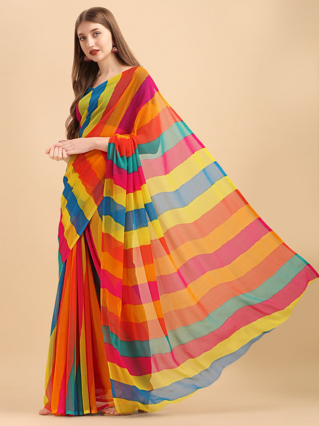 Sangria Yellow & Turquoise Blue Colourblocked Pure Chiffon Saree | Grocsy