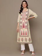HERE&NOW Cream-Color & Pink Floral Printed Straight Kurta | Grocsy