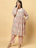 Sztori Plus Size Floral Printed V- Neck Pleated Pure Cotton A-Line Kurta With Lace Detail | Grocsy