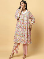 Sztori Plus Size Floral Printed V- Neck Pleated Pure Cotton A-Line Kurta With Lace Detail | Grocsy