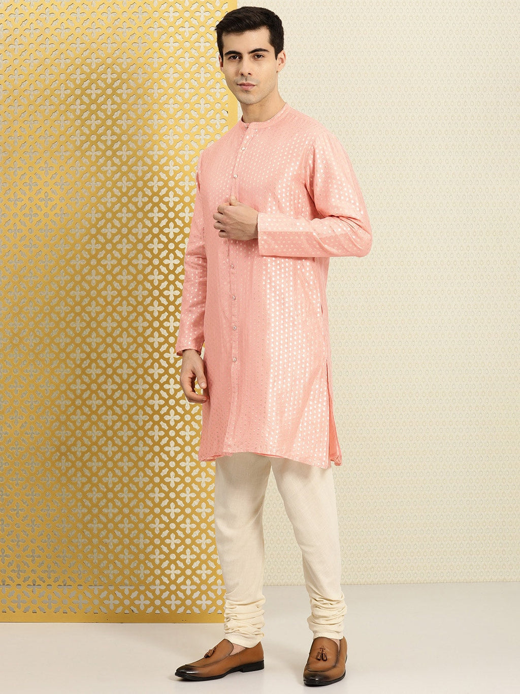 House of Pataudi Men Peach-Coloured Ethnic Motifs Printed Kurta | Grocsy