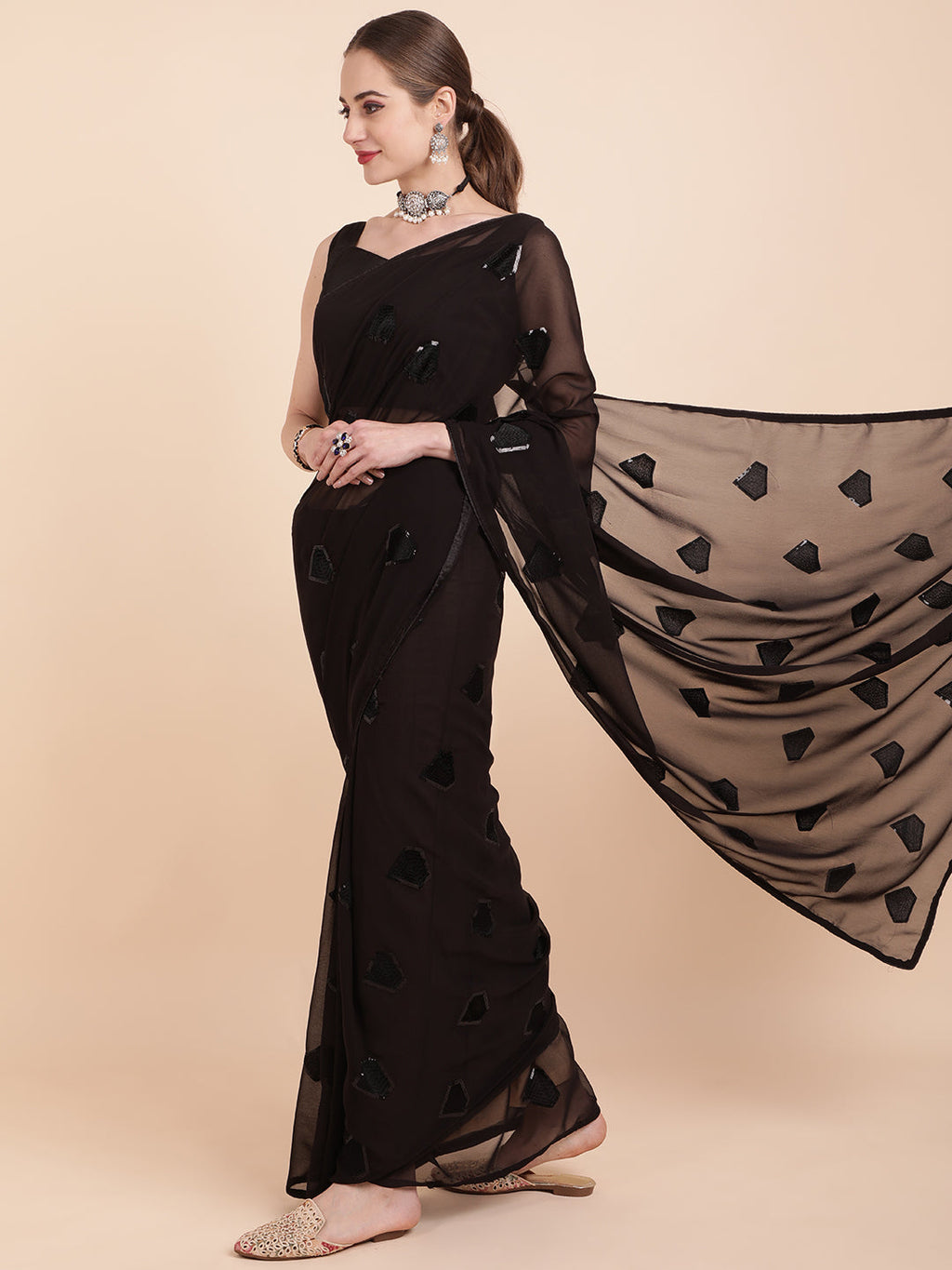 Sangria Black Embellished Sequinned Pure Georgette Saree | Grocsy