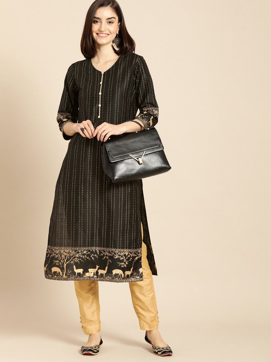All About You Women Black & Gold Striped Regular Kurta with Trousers | Grocsy