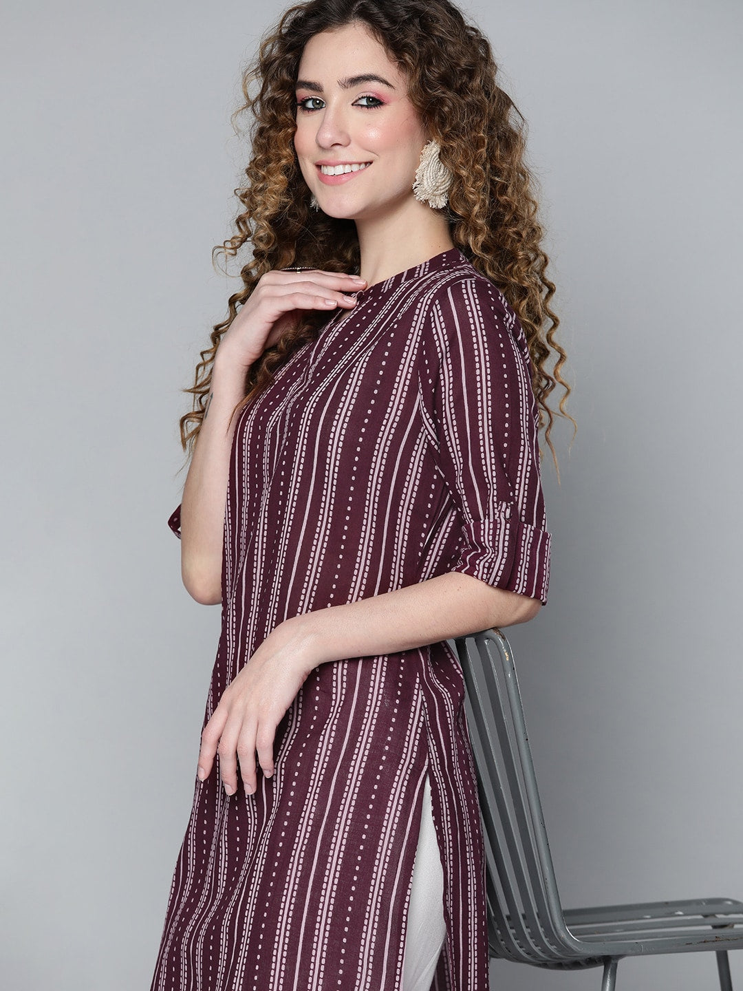 HERE&NOW Women Burgundy & White Printed Kurta | Grocsy