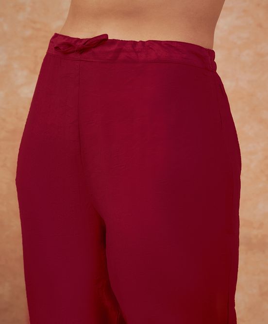 Sangria Maroon Floral Embroidered Straight Kurta With Trousers & Dupatta | Grocsy