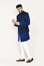 Joban Fashion Blue Colored Imported Jacquard Fabric Open Jacket, Indo Western With Straight Fit Pant | Grocsy