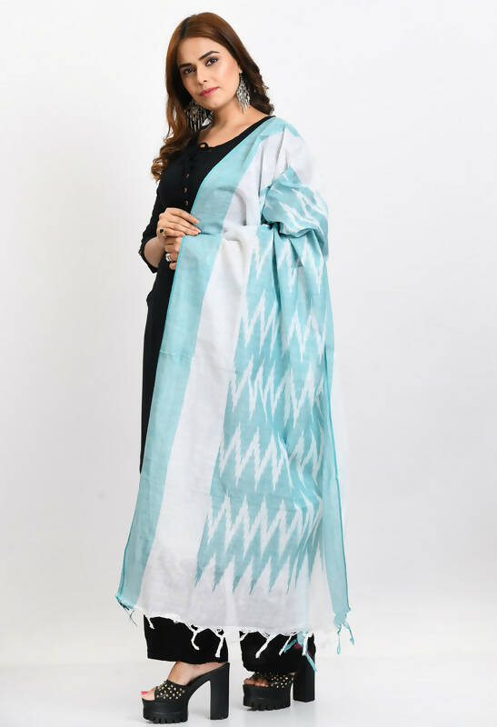 Mominos Fashion Moeza Women's Handloom Cotton Ikkat Sea Green Dupatta | Grocsy