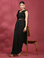 Black Imported Crush Lycra Texture Pattern Ready to Wear Saree with stitched Blouse - Nirvana | Grocsy