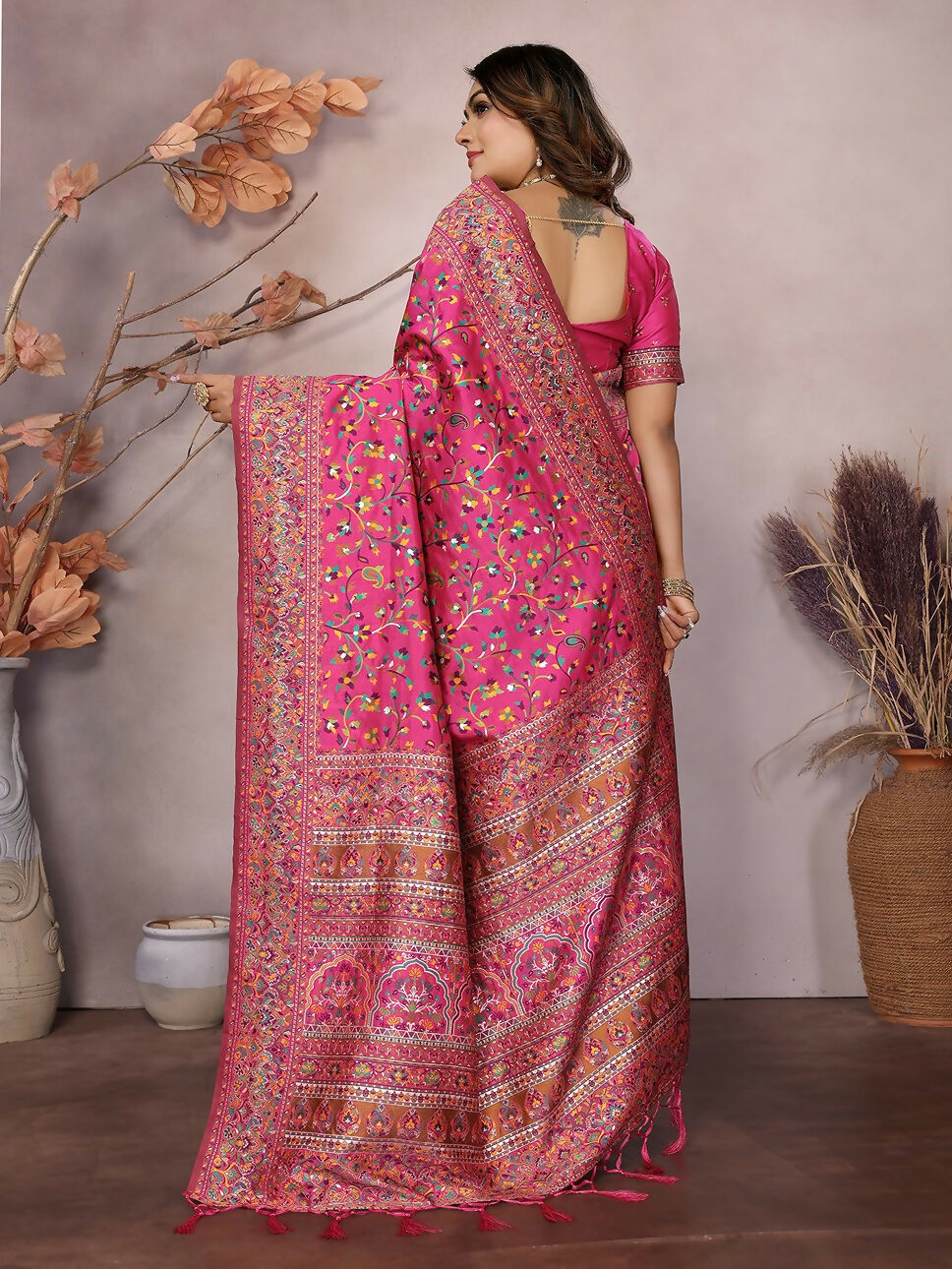 Joban Fashion Rani Pink Meena Weaves Pashmina Sarees | Grocsy