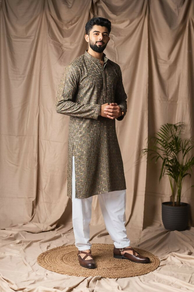 Mehandi Green Rayon Thread Embroidery Work Kurta Set - Mahotsav | Grocsy