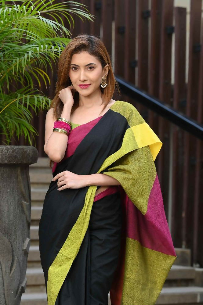 Beatitude Black Cotton Handloom Saree | Grocsy