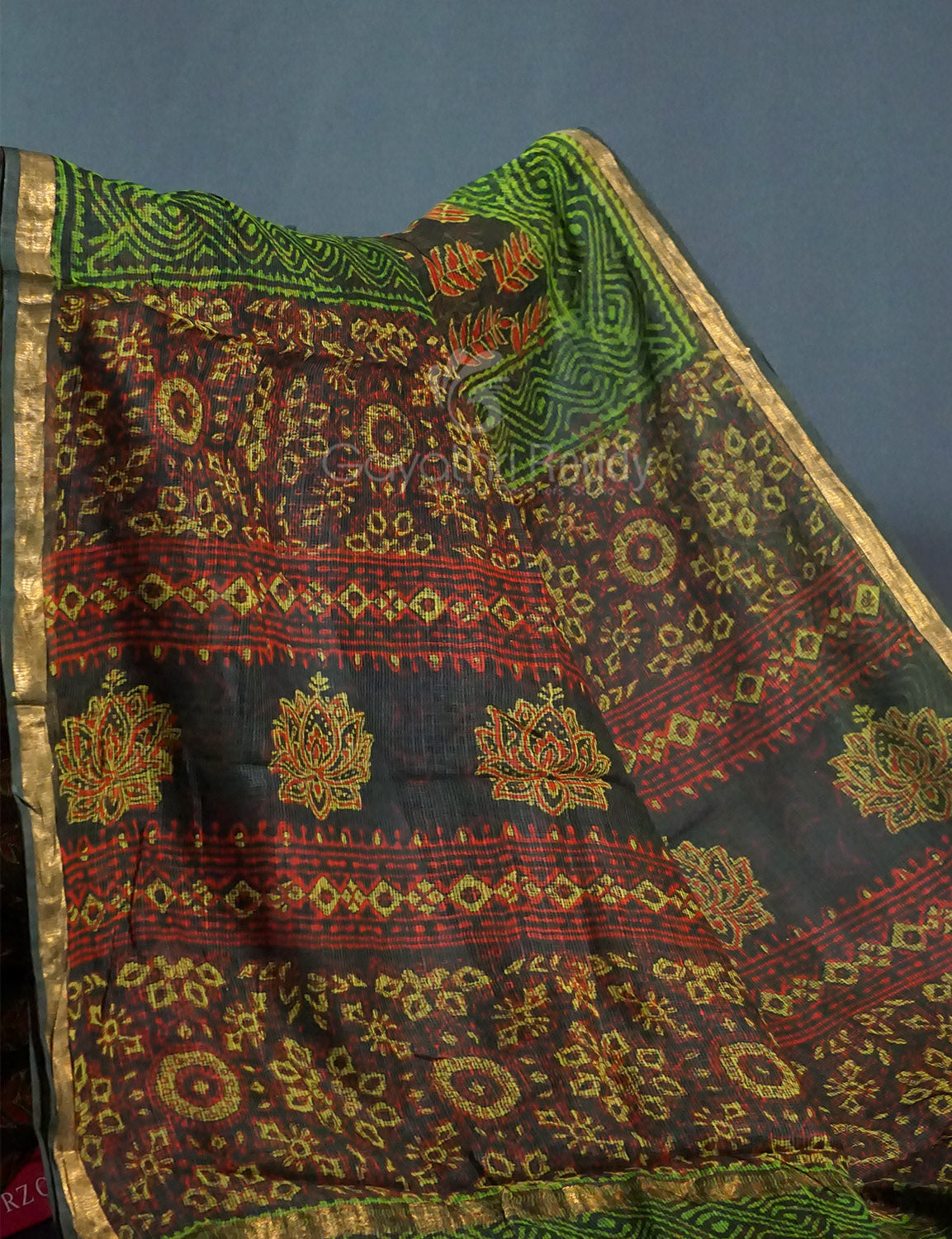 Combo of Green, Red And Yellow Colour Block Print Pure Kota Doria Printed Saree By Gayathri Reddy Designer Studio | Grocsy