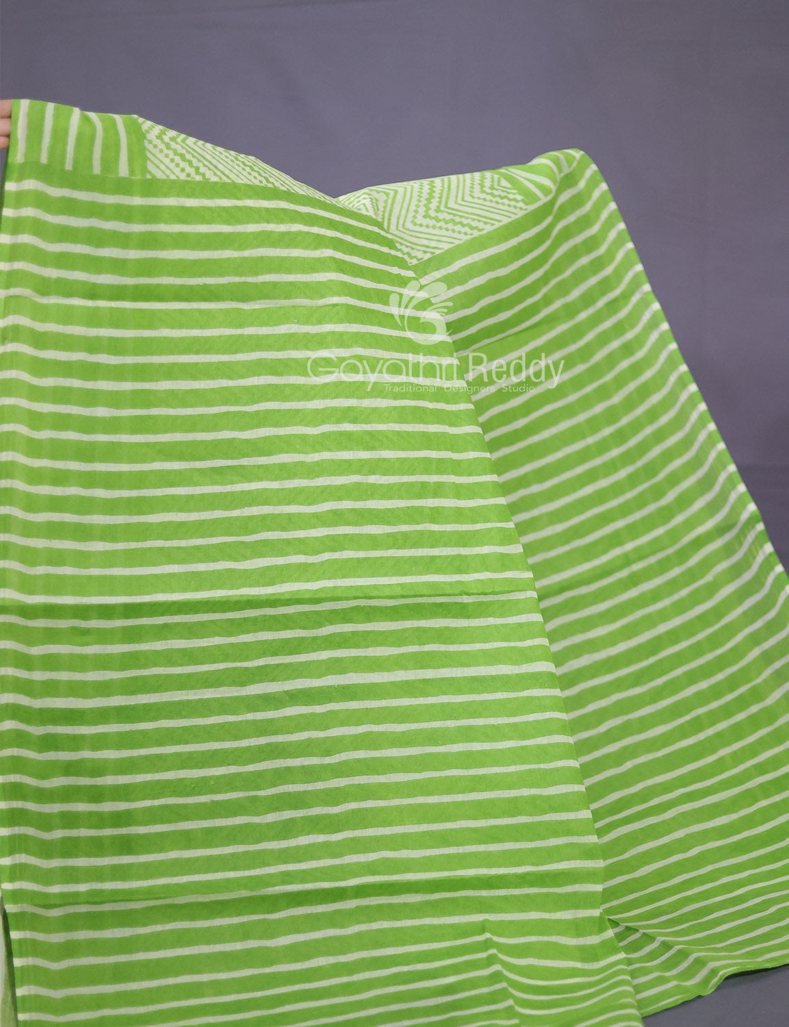 Light Green Colour Combo With Waves Print Pure Mulmul Cotton Saree By Gayathri Reddy Designer Studio | Grocsy