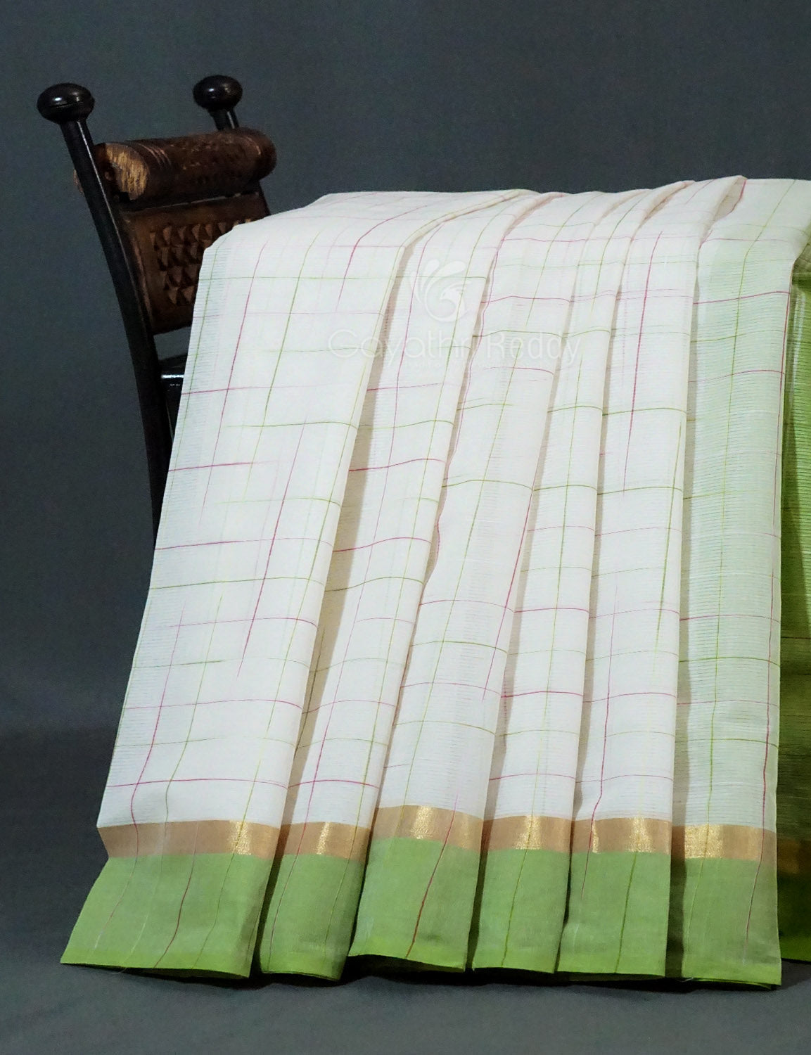 Dual Shade of Milk White And Leaf Green Pure Mangalgiri Cotton By Gayathri Reddy Designer Studio | Grocsy