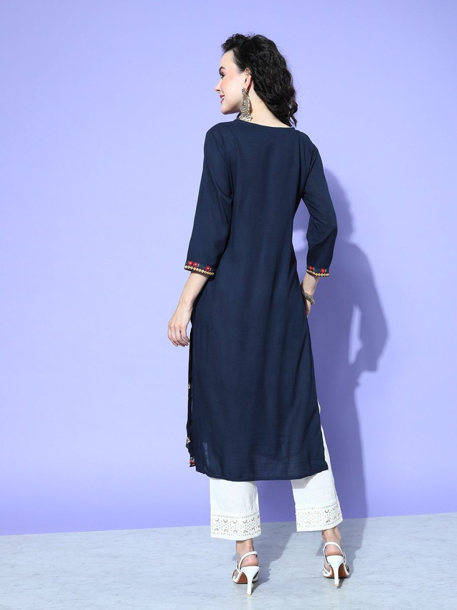 All About You Women Blue Embroidered Regular Mirror Work Liva Kurta with Trousers | Grocsy