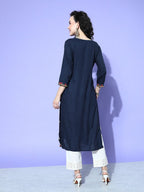 All About You Women Blue Embroidered Regular Mirror Work Liva Kurta with Trousers | Grocsy