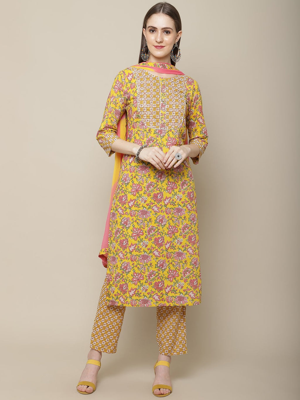 Sangria Women Yellow Printed Gotta Patti Pure Cotton Kurta with Trousers & Dupatta | Grocsy