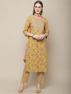 Sangria Women Yellow Printed Gotta Patti Pure Cotton Kurta with Trousers & Dupatta | Grocsy