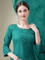 Jyoti Fashion Women's Teal Cotton Blend Embroidery & Sequence work Kurta with Trouser & Dupatta | Grocsy