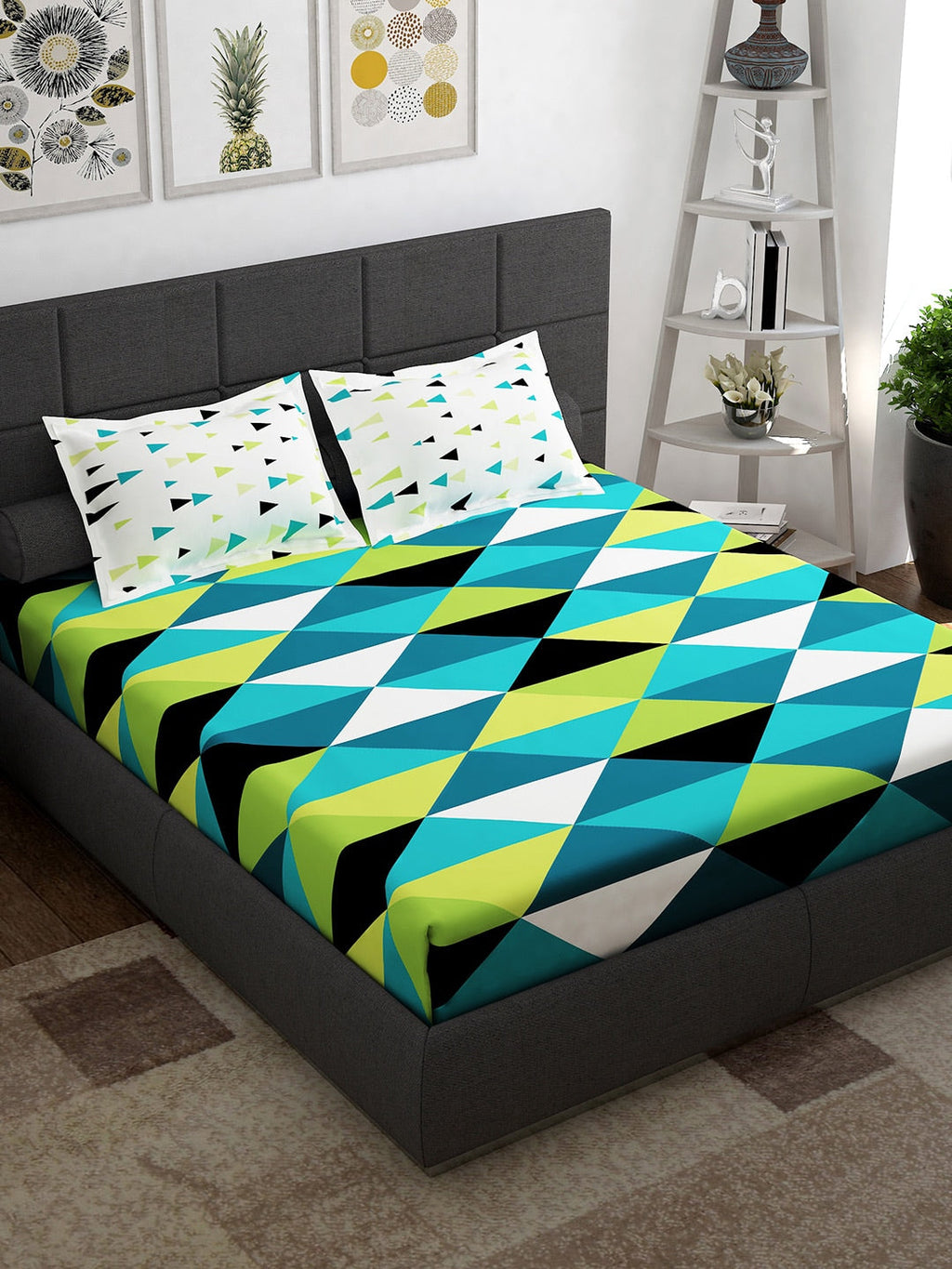 Story@home Ventura Teal & Black Geometric 152 TC Cotton Queen Bedsheet & 2 Pillow Covers | Grocsy