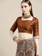 Saree Mall Cream-Coloured & Brown Paisley Printed Pashmina Silk Bagru Saree | Grocsy