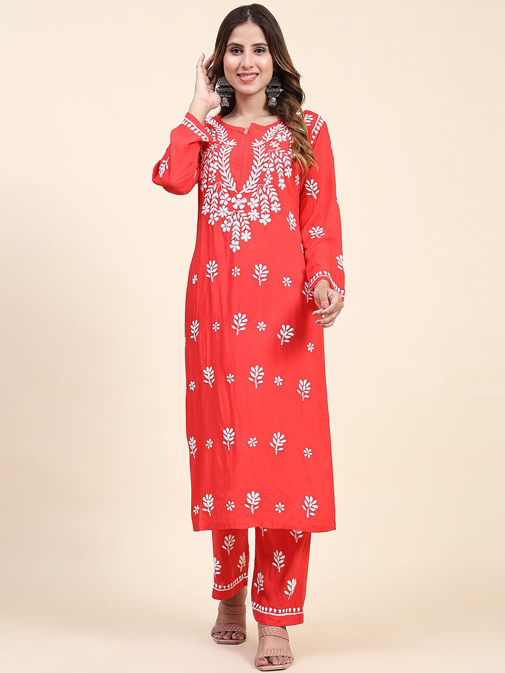 HOUSE OF KARI Floral Embroidered Chikankari Pure Cotton Straight Kurta With Trousers | Grocsy