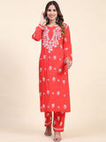 HOUSE OF KARI Floral Embroidered Chikankari Pure Cotton Straight Kurta With Trousers | Grocsy