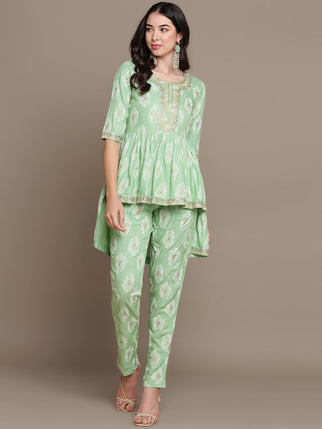HERE&NOW Ethnic Motifs Embroidered Thread Work Sequinned High-Low Kurti with Trousers | Grocsy