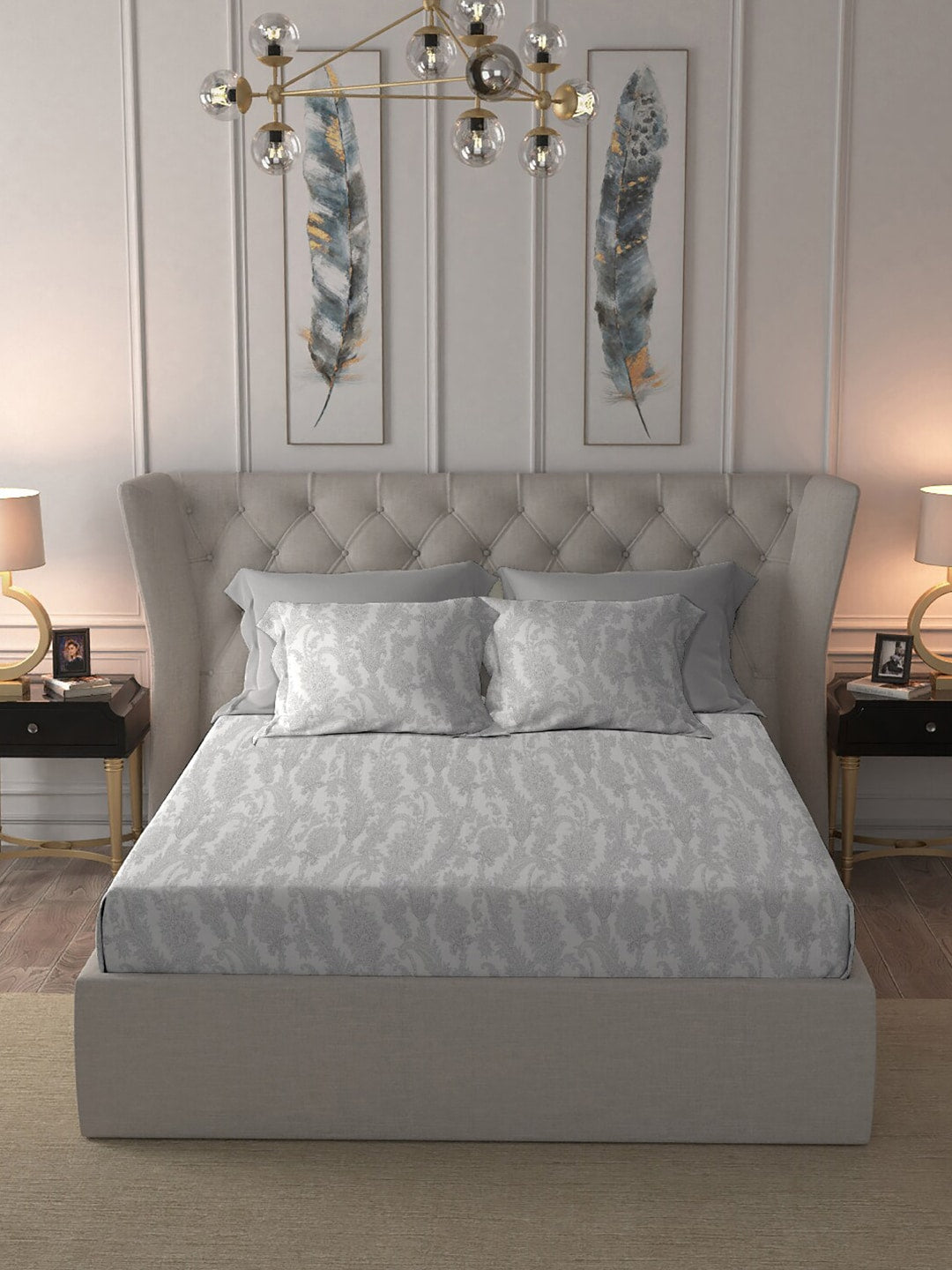 MYTRIDENT Nectarsoft Grey White Pure Cotton 400 TC King Bedsheet with 4 Pillow Covers | Grocsy