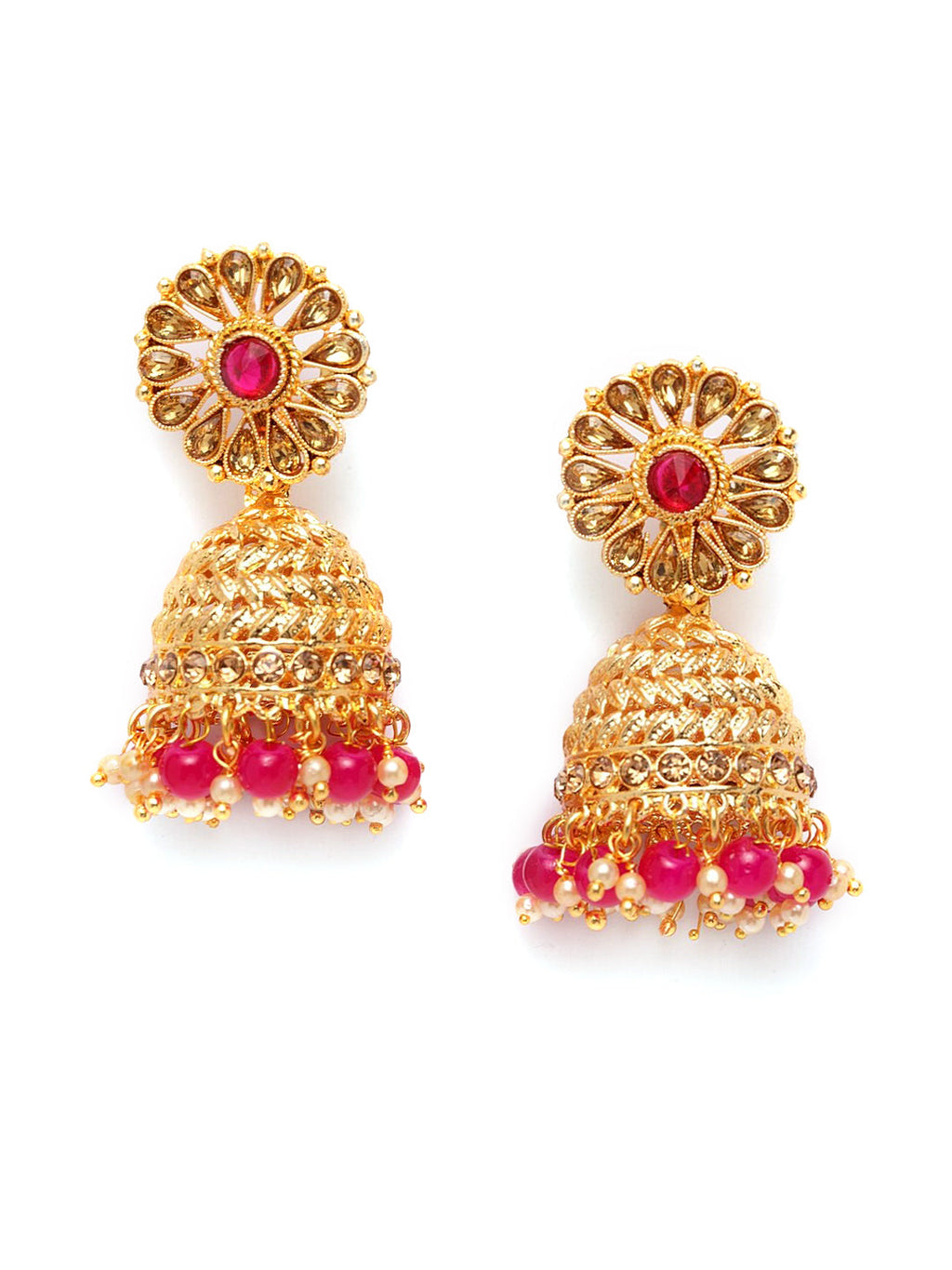 Shining Diva Gold-Polished Pink Dome Shaped Jhumkas | Grocsy