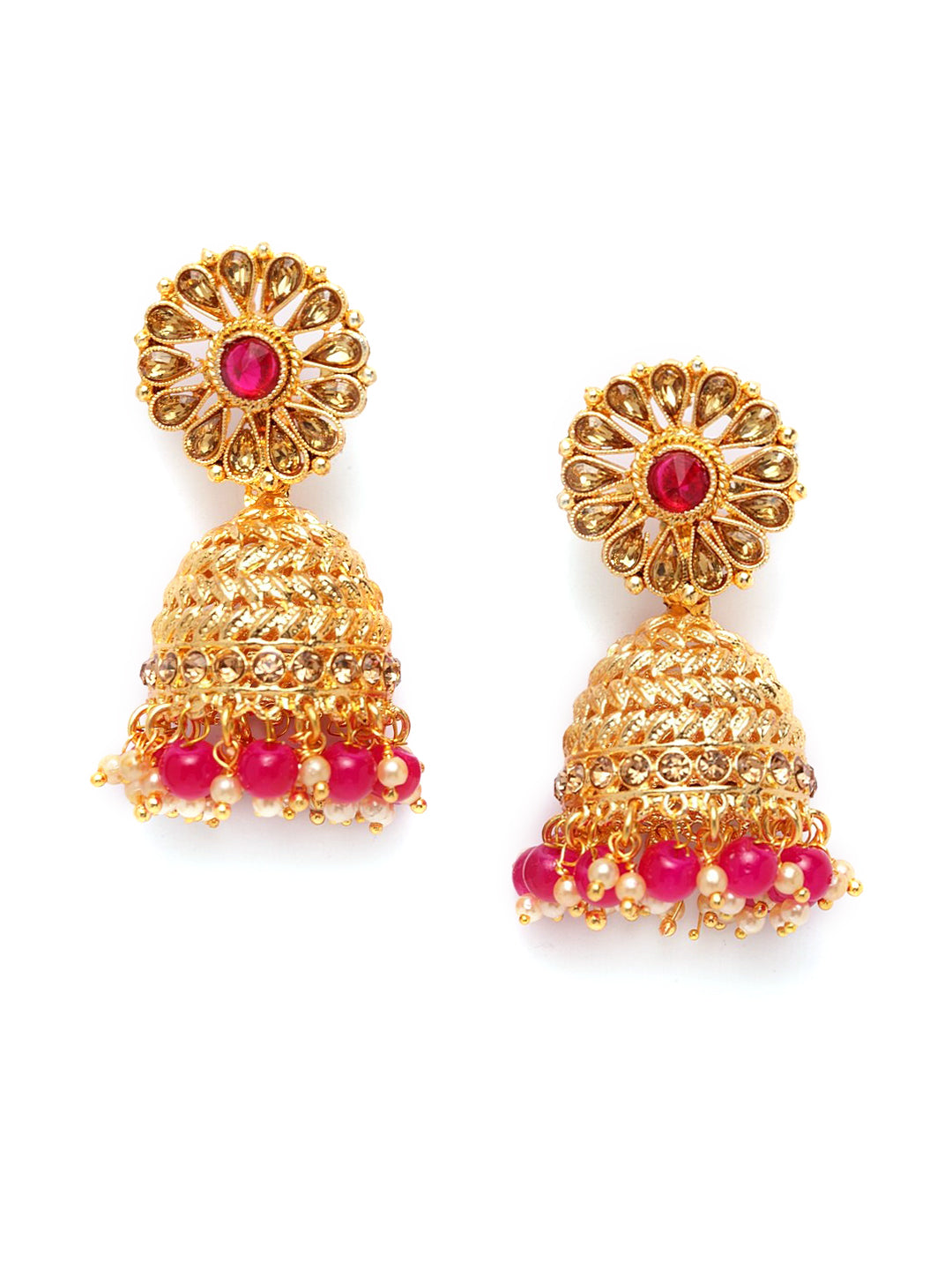 Shining Diva Gold-Polished Pink Dome Shaped Jhumkas | Grocsy