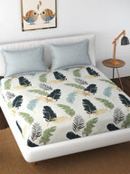Florida Reeva Off White & Green Floral 180 TC Fitted King Bedsheet With 2 Pillow Covers | Grocsy