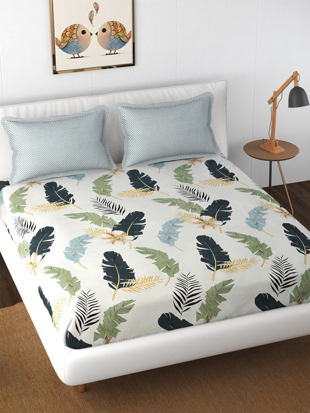 Florida Reeva Off White & Green Floral 180 TC Fitted King Bedsheet With 2 Pillow Covers | Grocsy