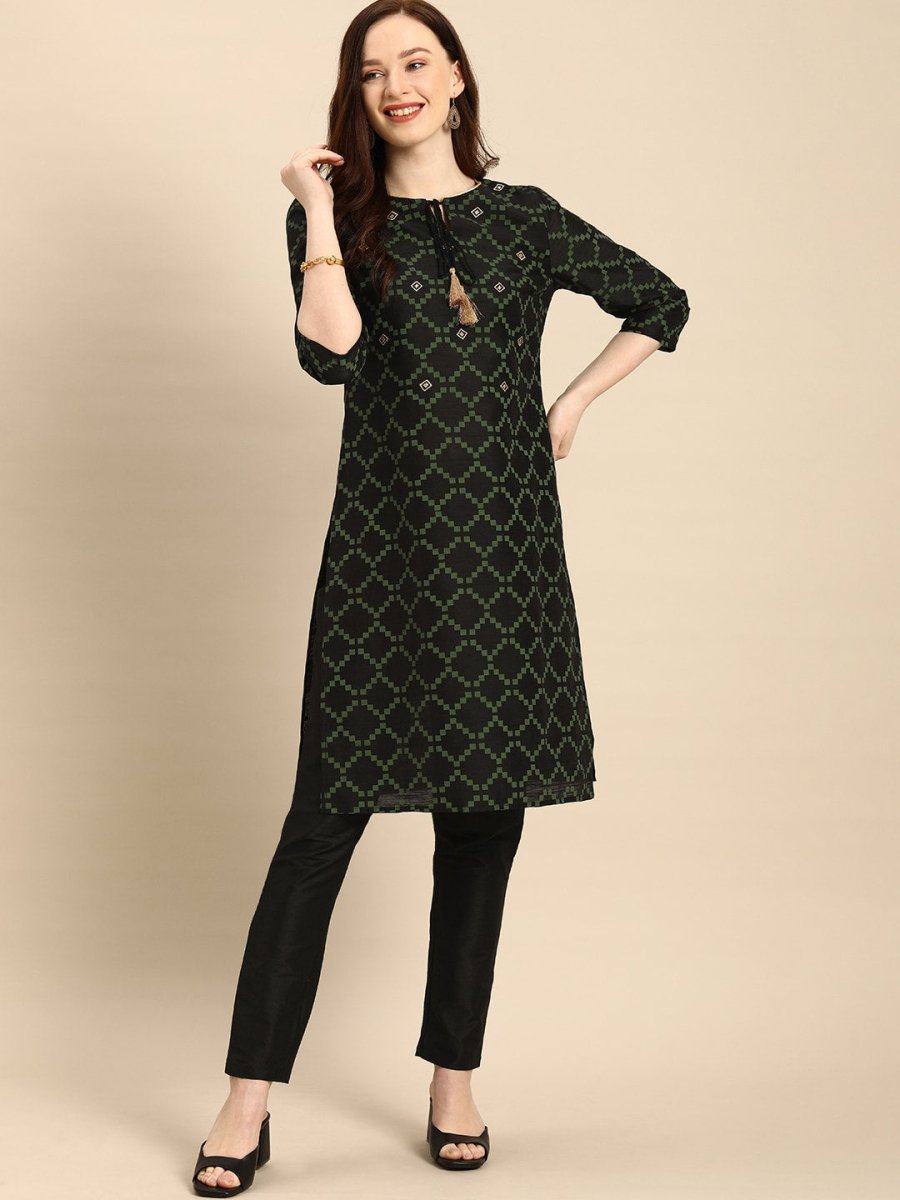 All About You Women Black & Green Printed Kurta with Trousers | Grocsy