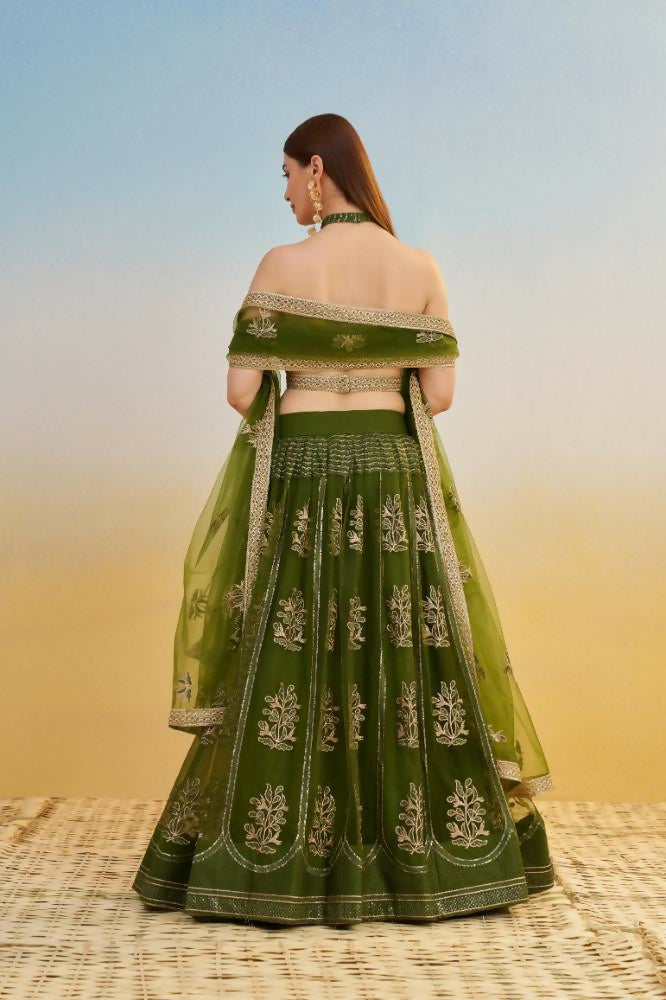 Aastha Fashion Mehandi Green Butterfly Net Tone To Tone Cotton Thread Work And Sequence Work Embroidery Wedding Wear Lehenga Choli | Grocsy