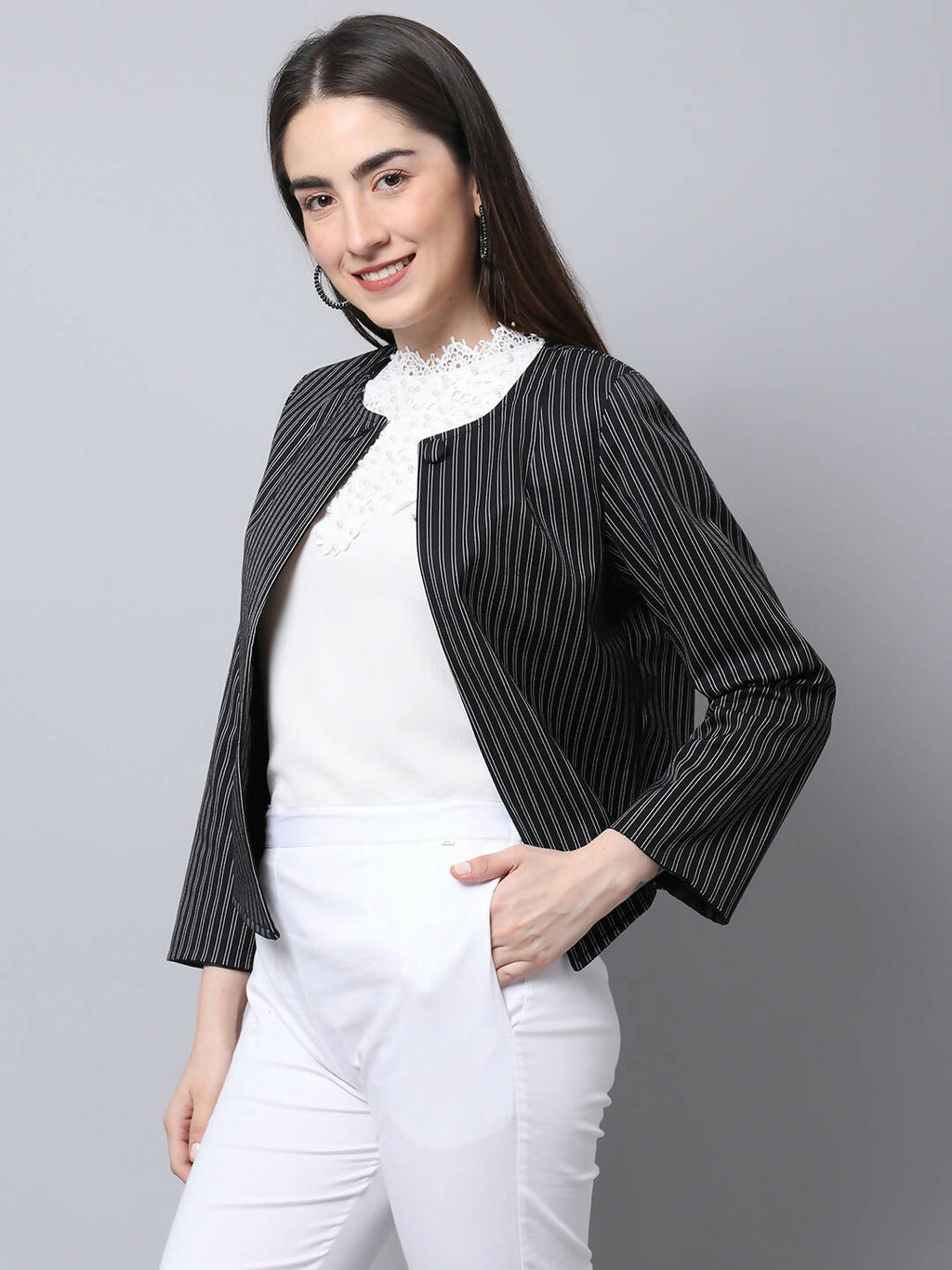 Even Apparels Black Polywool Open Front Statement Women's Jacket | Grocsy