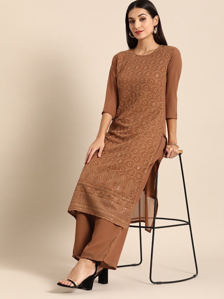 All About You Women Brown Ethnic Motifs Embroidered Chikankari Kurta with Palazzos | Grocsy