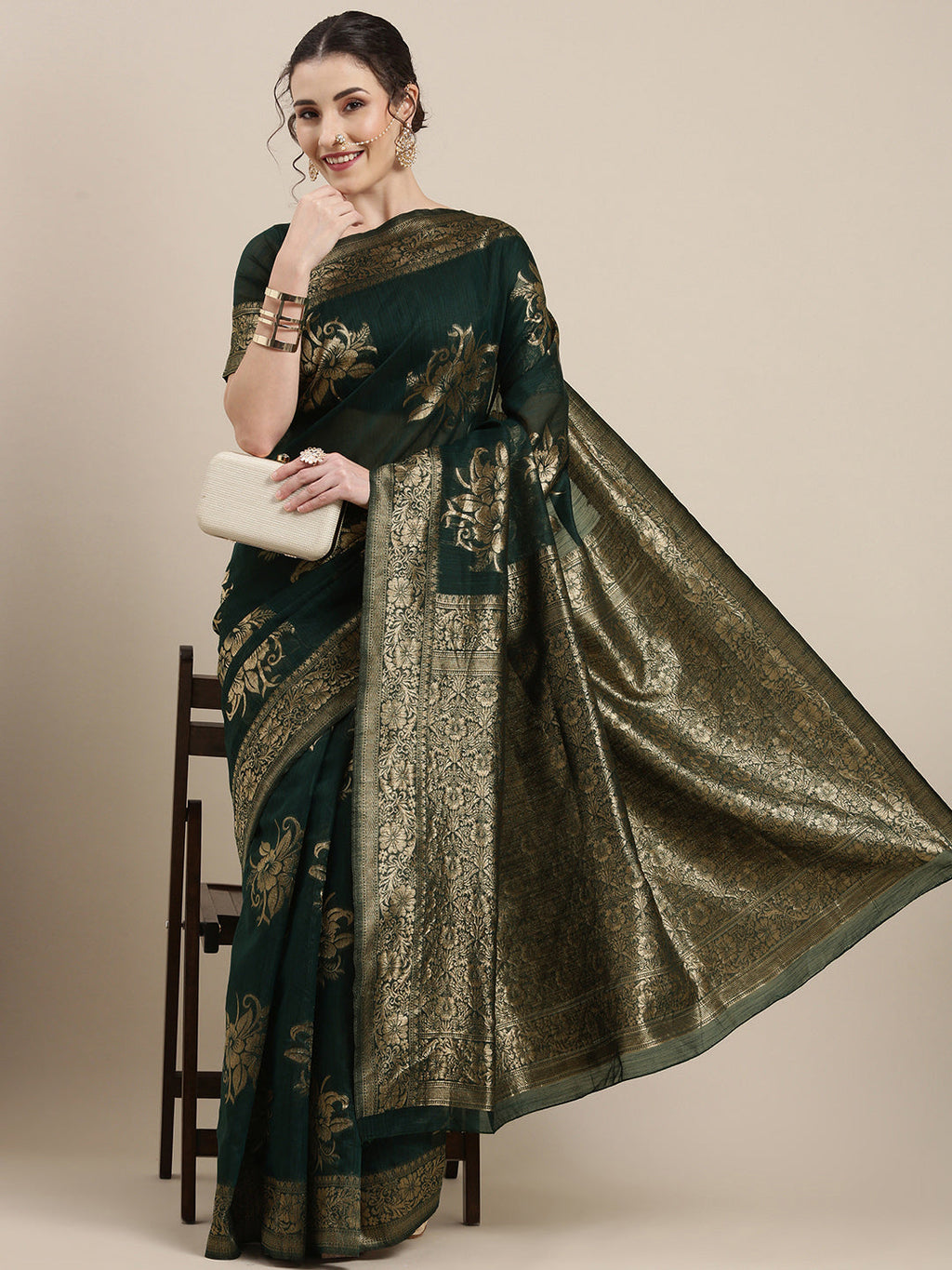 Saree Mall Green Floral Linen Blend Banarasi Saree | Grocsy