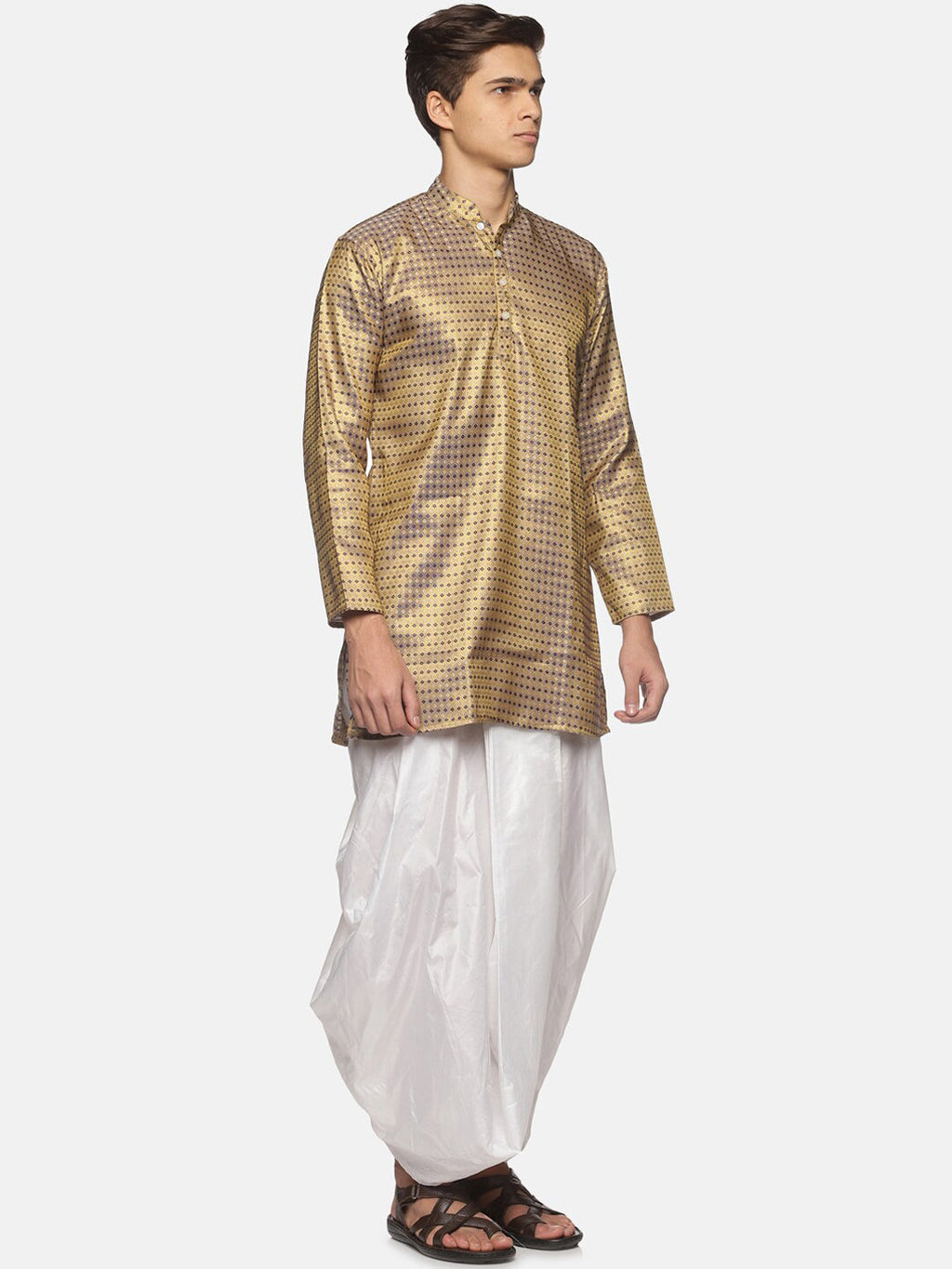 Sethukrishna Men Gold-Toned Bandhani Printed Art Silk Kurta with Dhoti Pants | Grocsy