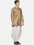 Sethukrishna Men Gold-Toned Bandhani Printed Art Silk Kurta with Dhoti Pants | Grocsy