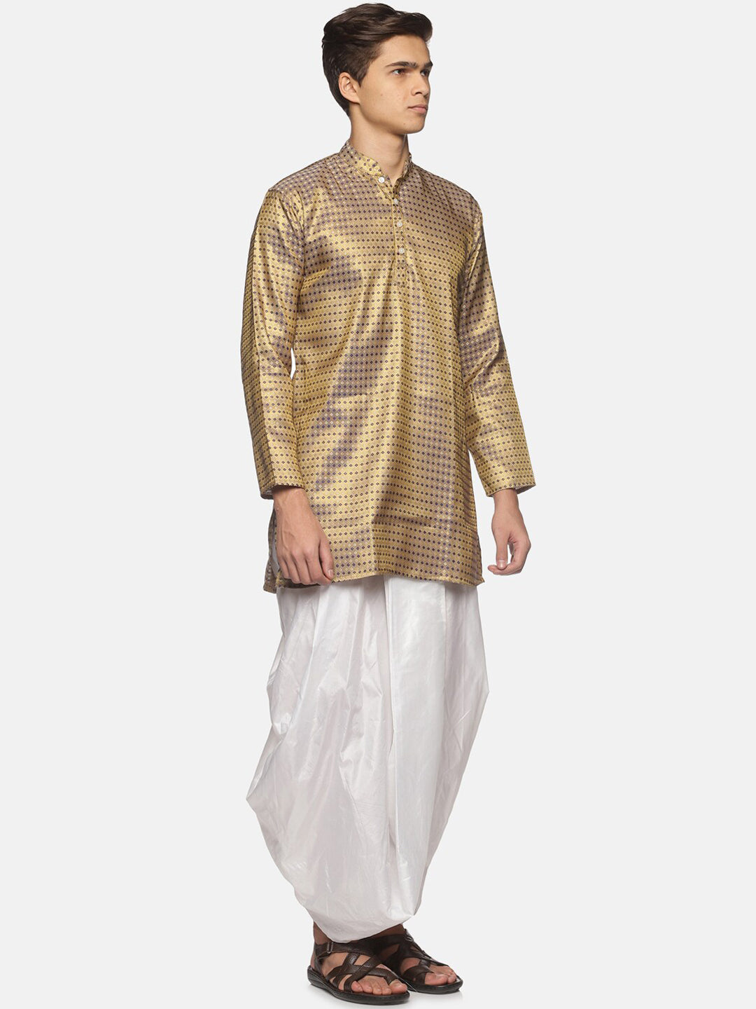 Sethukrishna Men Gold-Toned Bandhani Printed Art Silk Kurta with Dhoti Pants | Grocsy