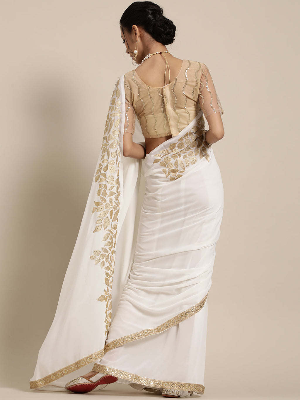 Saree Mall White & Golden Floral Muga Saree | Grocsy