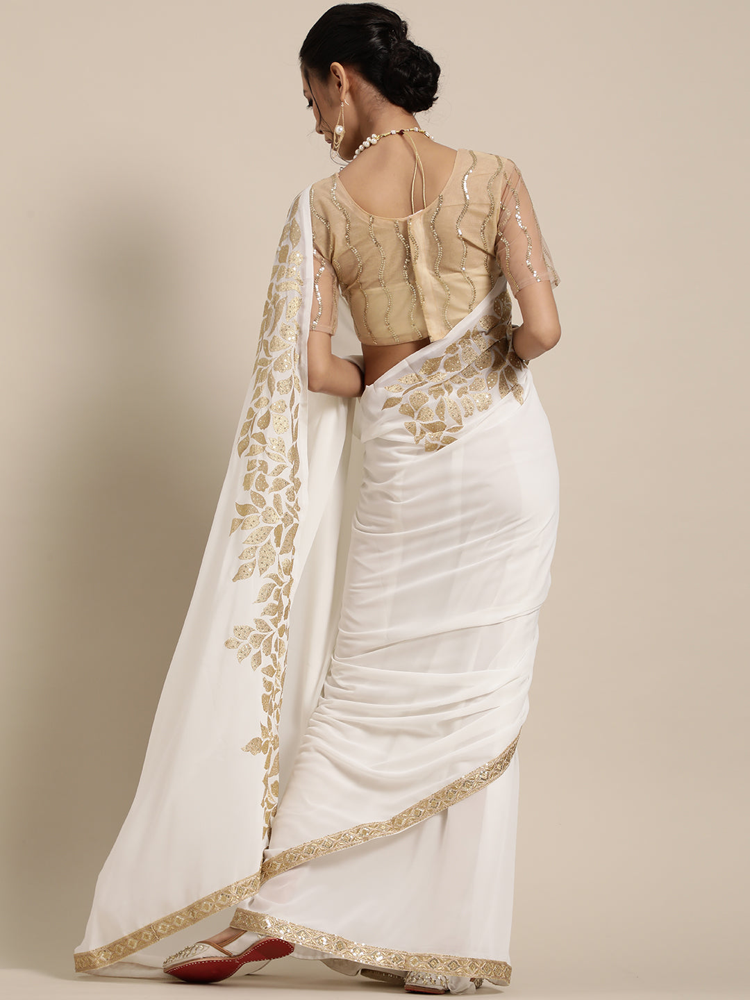 Saree Mall White & Golden Floral Muga Saree | Grocsy