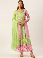 HERE&NOW Women Green & Pink Floral Printed Anarkali Cotton Kurta With Dupatta | Grocsy