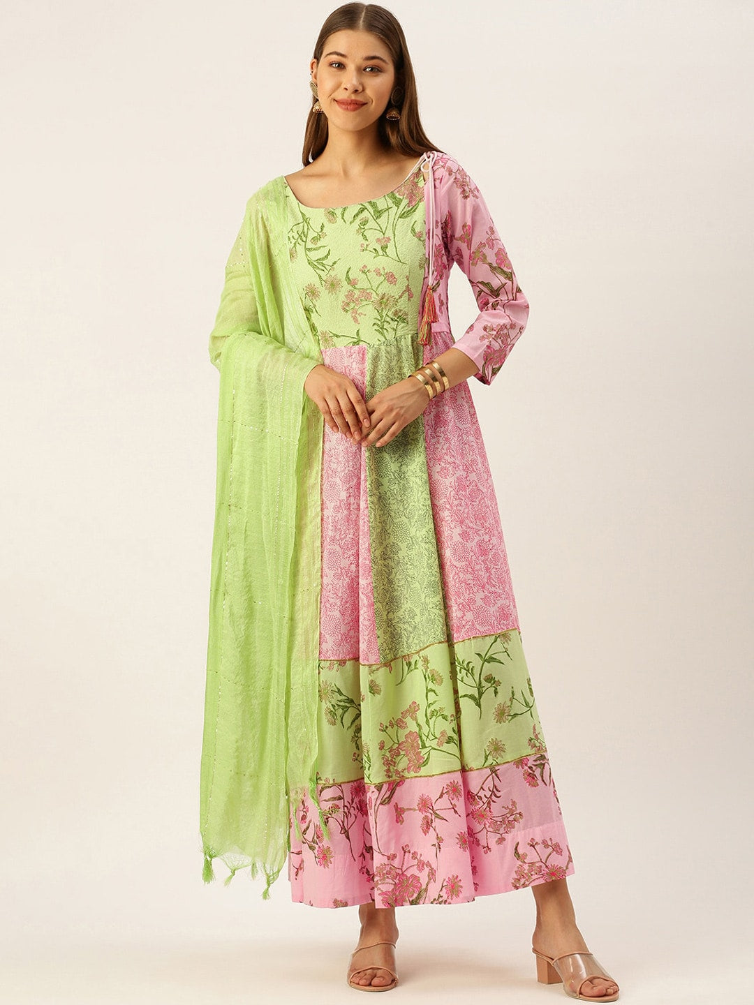 HERE&NOW Women Green & Pink Floral Printed Anarkali Cotton Kurta With Dupatta | Grocsy