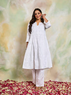 HOUSE OF KARI Women Notch Neck Floral Embroidered Chikankari Shadow Work Cotton Kurta | Grocsy