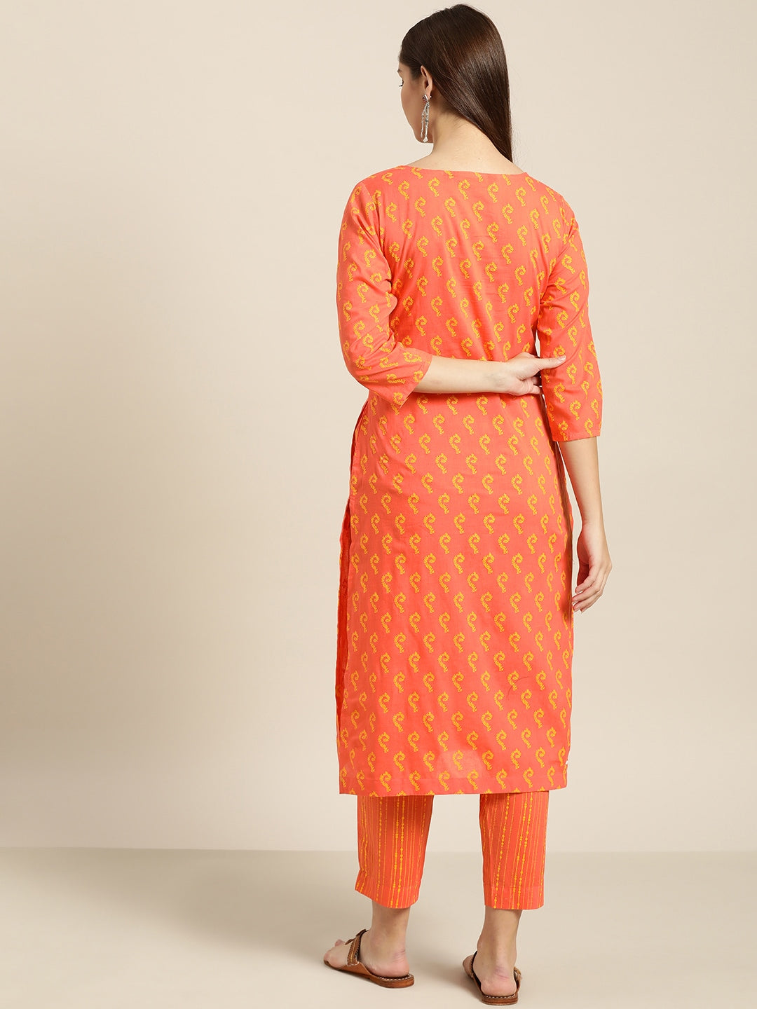 Sangria Women Orange & Yellow Printed Kurta with Trousers | Grocsy