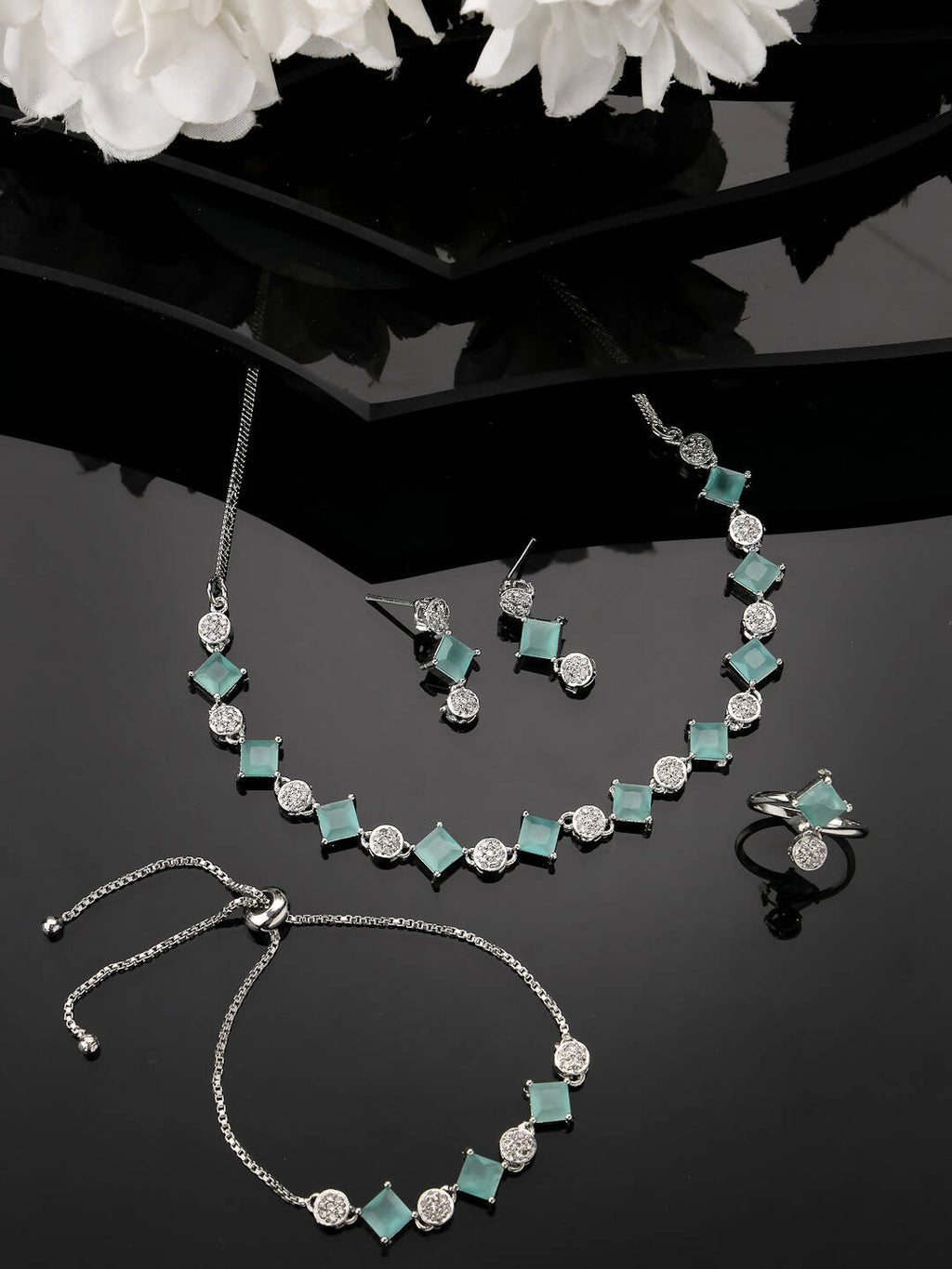 NVR Women Silver Plated & Blue Cz Stone Handcrafted Jewellery Set | Grocsy
