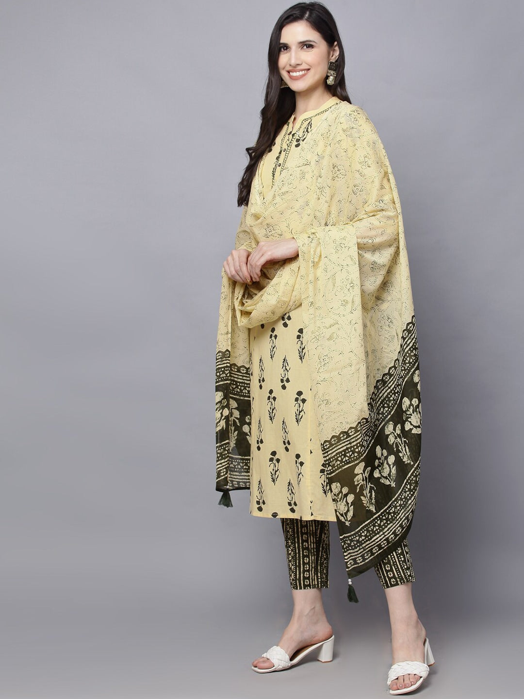 HERE&NOW Women Yellow Ethnic Motifs Printed Pleated Pure Cotton Kurti with Trousers & With Dupatta | Grocsy