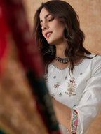 Sangria White Ethnic Motifs Embroidered Thread Work Straight Kurta & Trouser With Dupatta | Grocsy